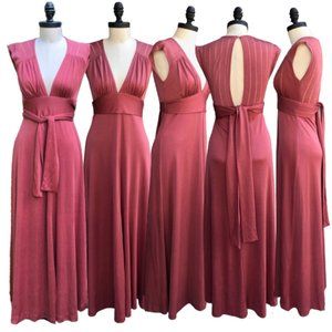 Vtg 70s Puce Rose Pointelle Knit V-Neck Tie Waist Open Back Maxi Disco Gown S/M